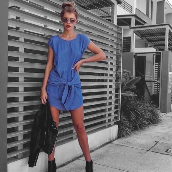 Chambray Tie Front Shirttail Hem Tunic Mini Dress - Picture 2 of 7